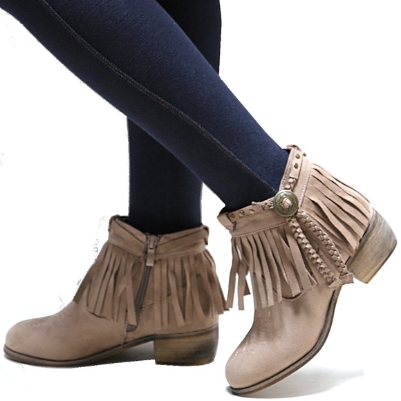 New Taupe Fringe Western Ankle Boots Booties - Picture 2 of 3